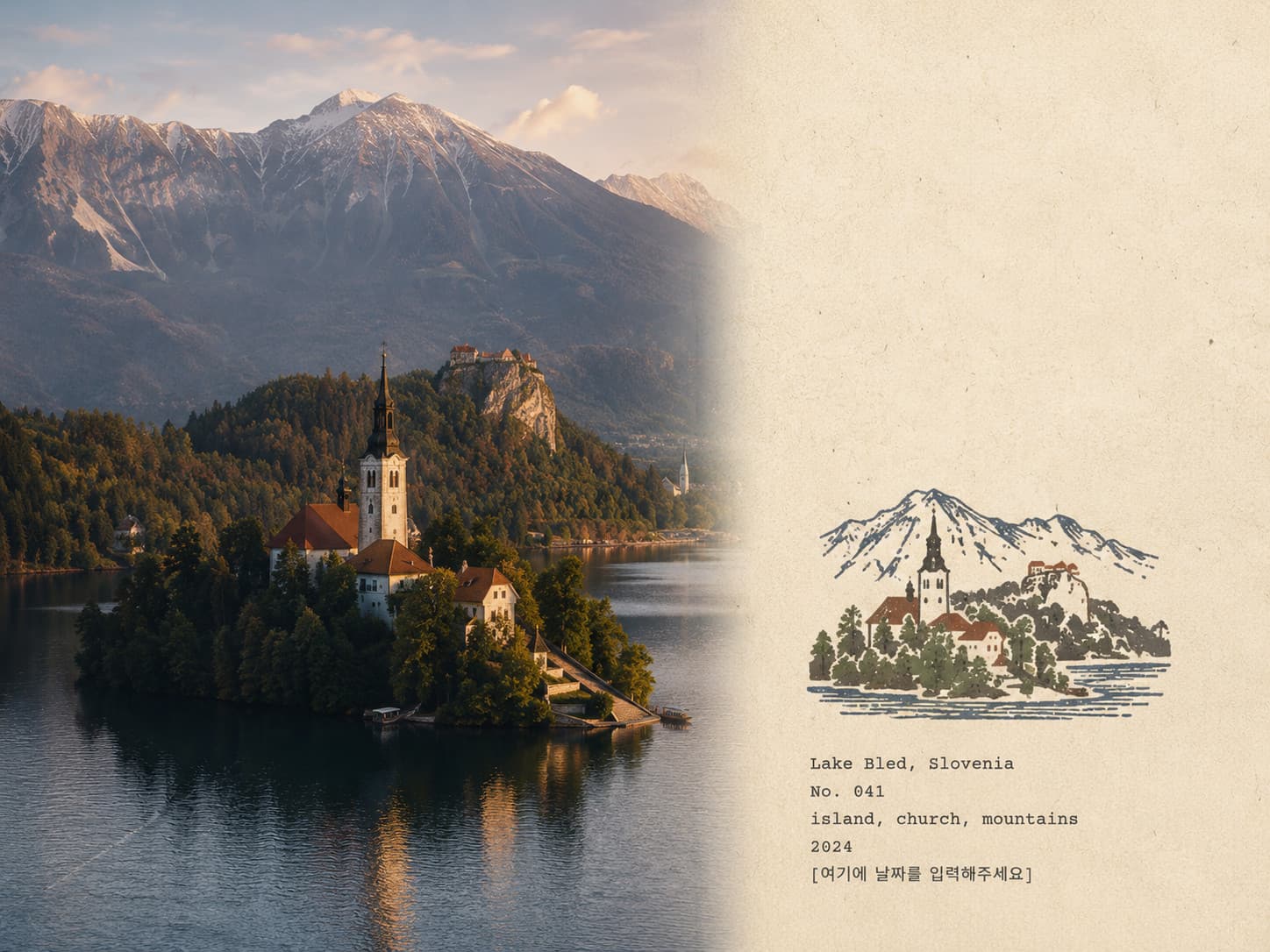 A Wanderpress field notes press from Lake Bled, Slovenia. On the left, a photograph of the wooded island church in the lake at golden hour, with a castle on the cliff behind it and snow on the far mountains. On the right, on aged paper, a carved multi color stamp of the island, the church and the ridge, captioned Lake Bled, Slovenia, No. 041, island, church, mountains, 2024.