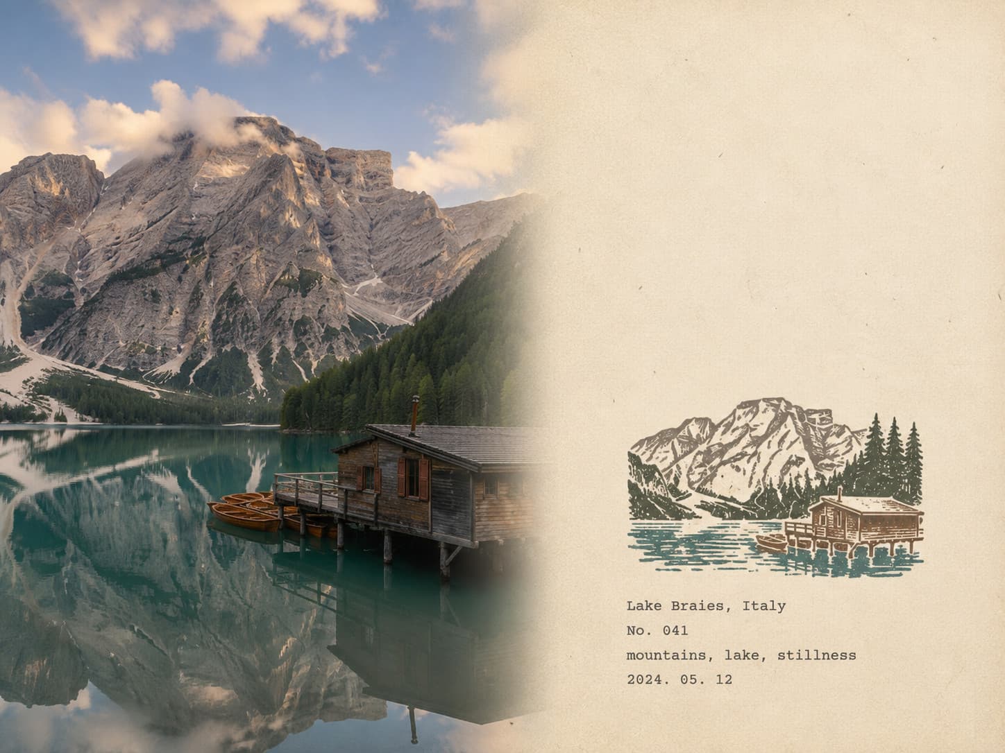 A Wanderpress field notes press from Lake Braies, Italy. On the left, a photograph of a wooden boathouse and moored rowing boats on green water, below a pine forest and a bare Dolomite peak. On the right, on aged paper, a carved multi color stamp of the same boathouse and peak, captioned Lake Braies, Italy, No. 041, mountains, lake, stillness, 2024. 05. 12.
